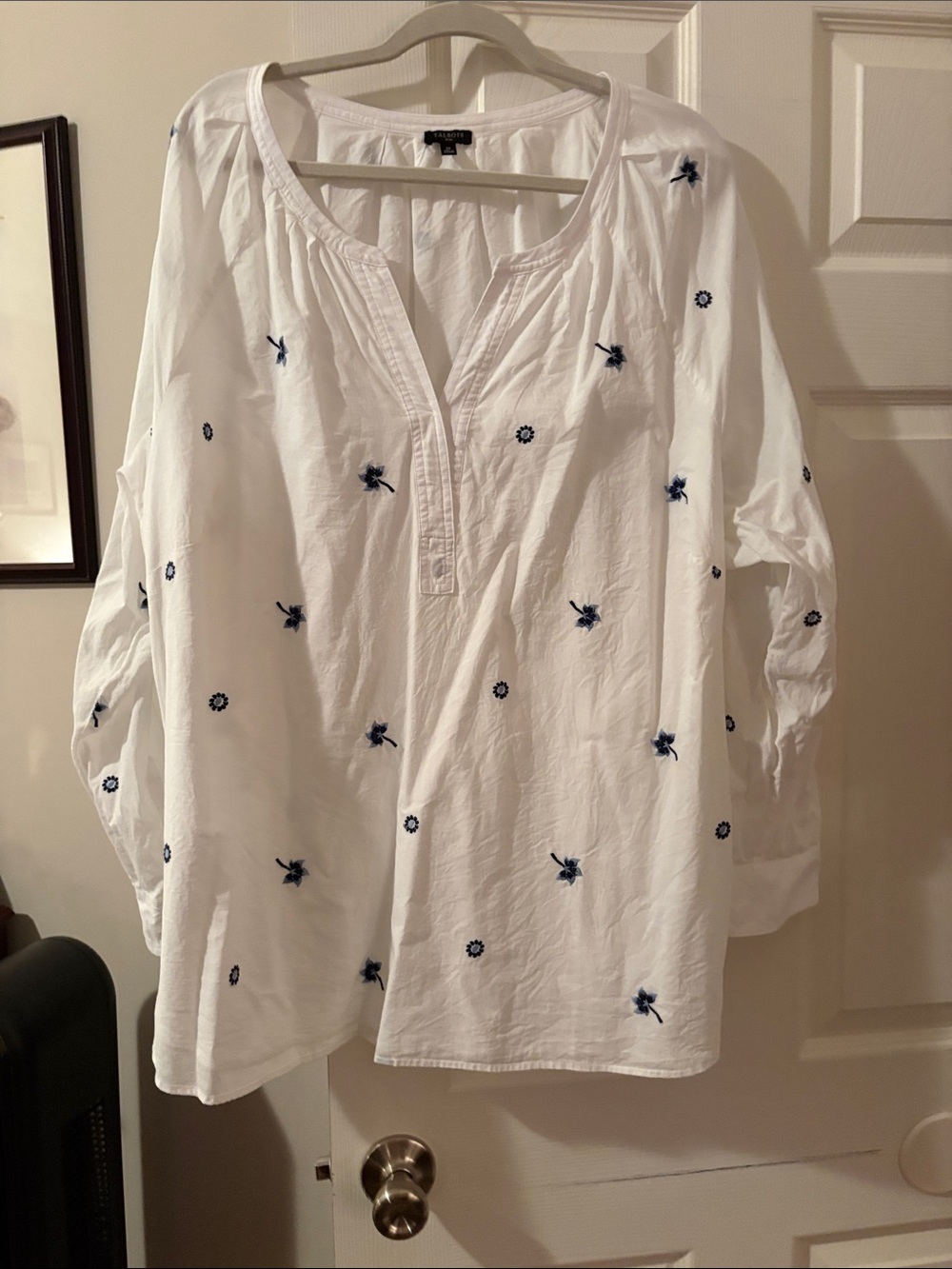 Talbots White Peasant Blouse with Navy Embroidery